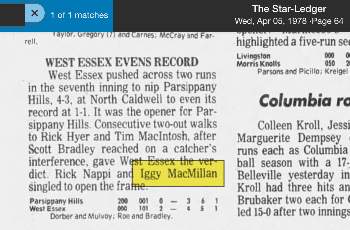 Scan of West Essex evens record, Star-Ledger