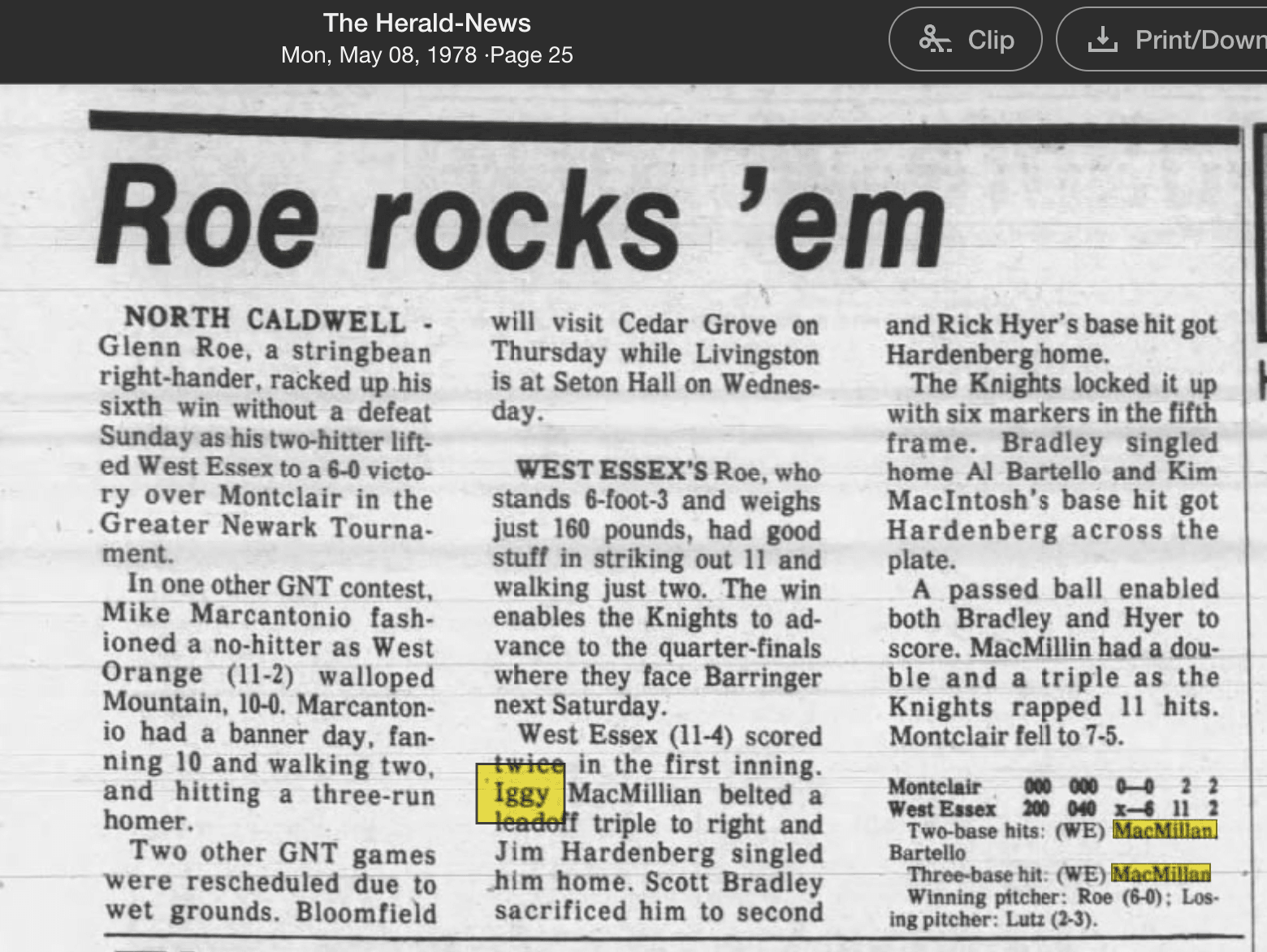 Scan of Roe rocks 'em, Herald-News
