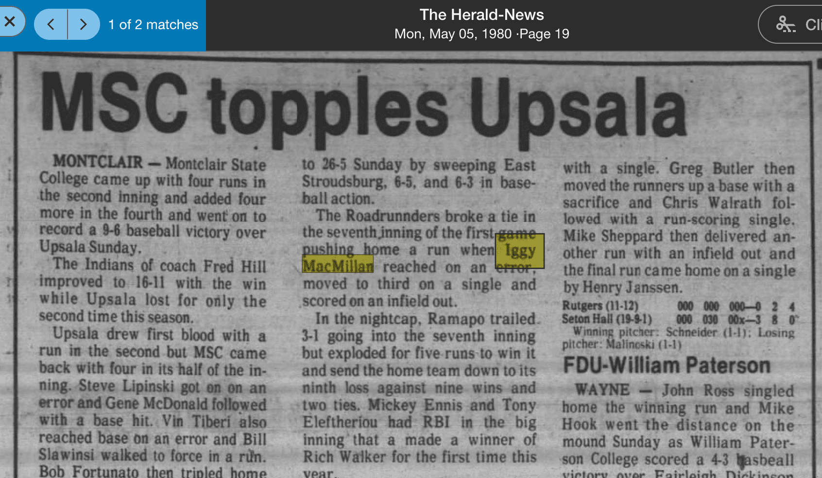 Scan of MSC topples Upsala, Herald-News