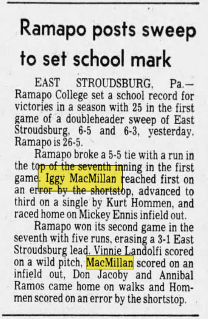 Scan of Ramapo posts sweep to set school mark, Unknown publication