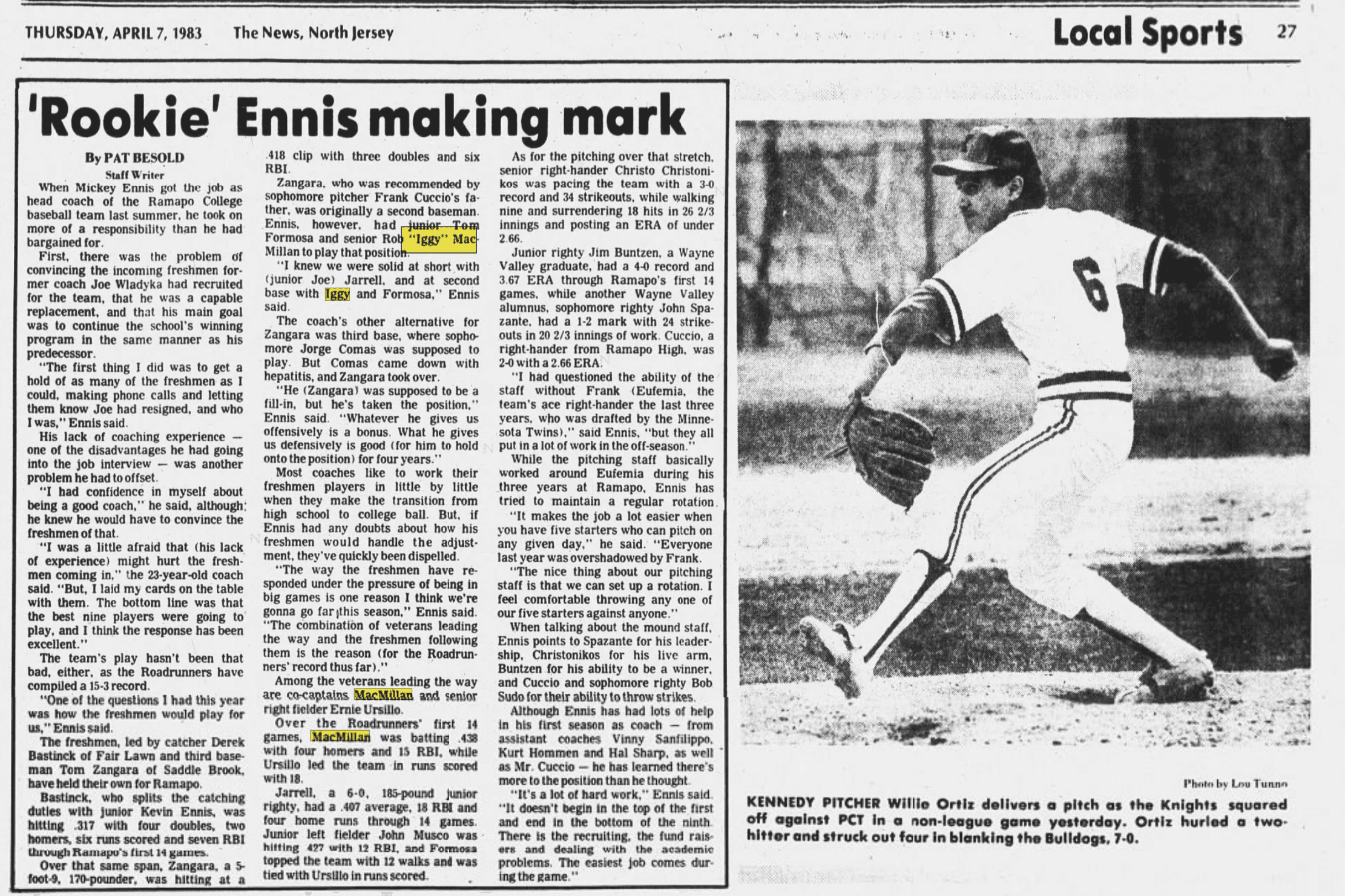 Scan of 'Rookie' Ennis making mark, The News (North Jersey)