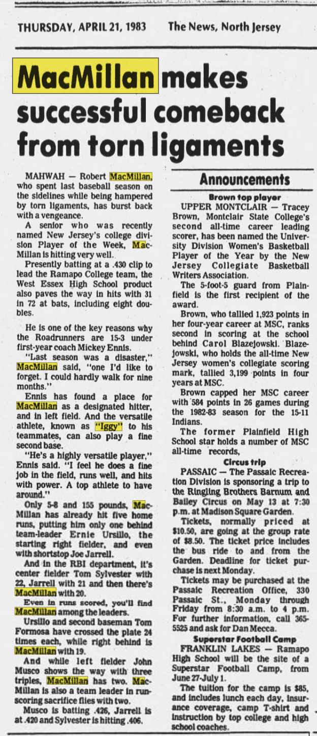 Scan of MacMillan makes successful comeback from torn ligaments, The News (North Jersey)